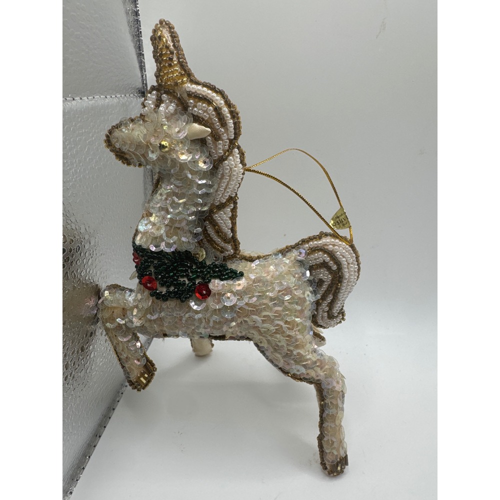 Silvestry Handcrafted Beaded Sequin Unicorn Christmas Ornament White Gold 6in